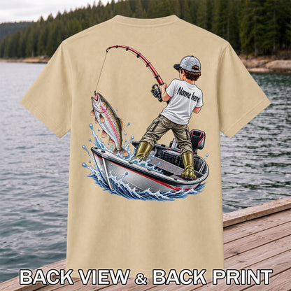 Personalized Boy Fishing Boat and Rainbow Trout Graphic T-Shirt | Back Print