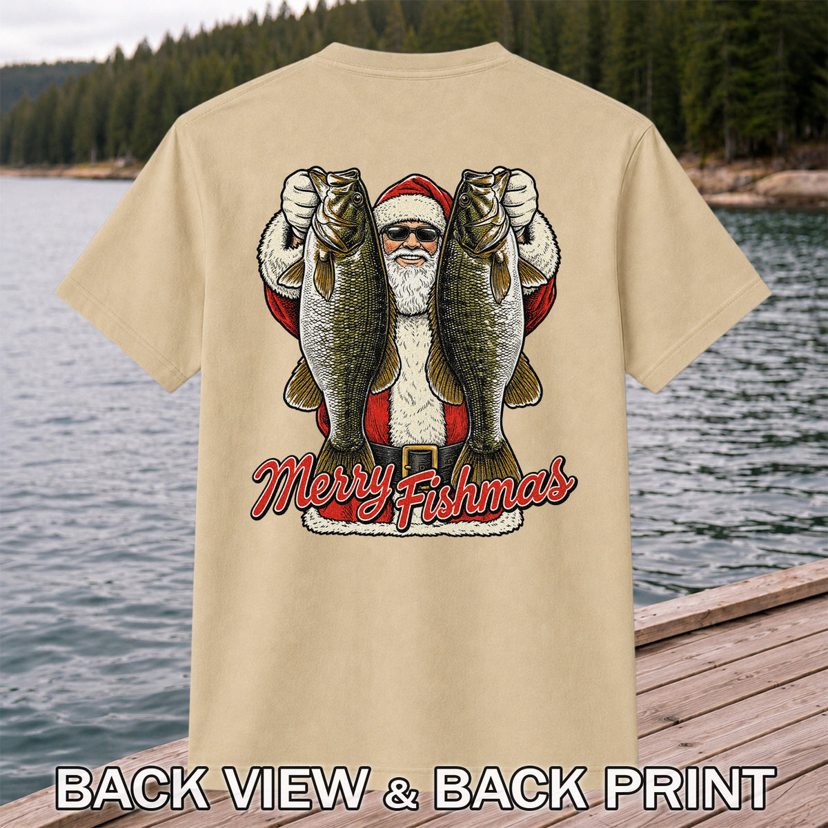 Santa Holding Bass Christmas Fishing Graphic T-Shirt | Back Print