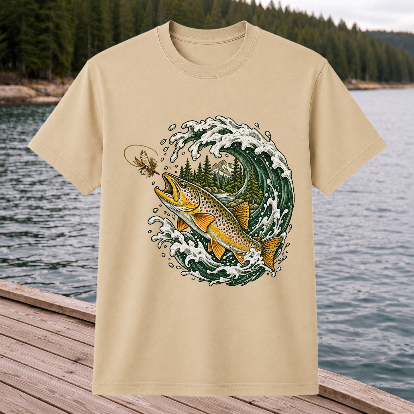 Brown Trout Chasing a Fly Through a Mountain Wave Graphic T-Shirt