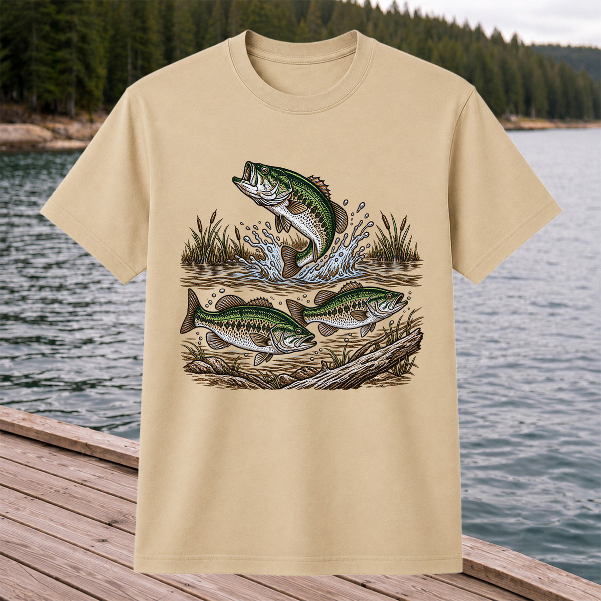 Largemouth Bass Jumping River Fishing Graphic T-Shirt