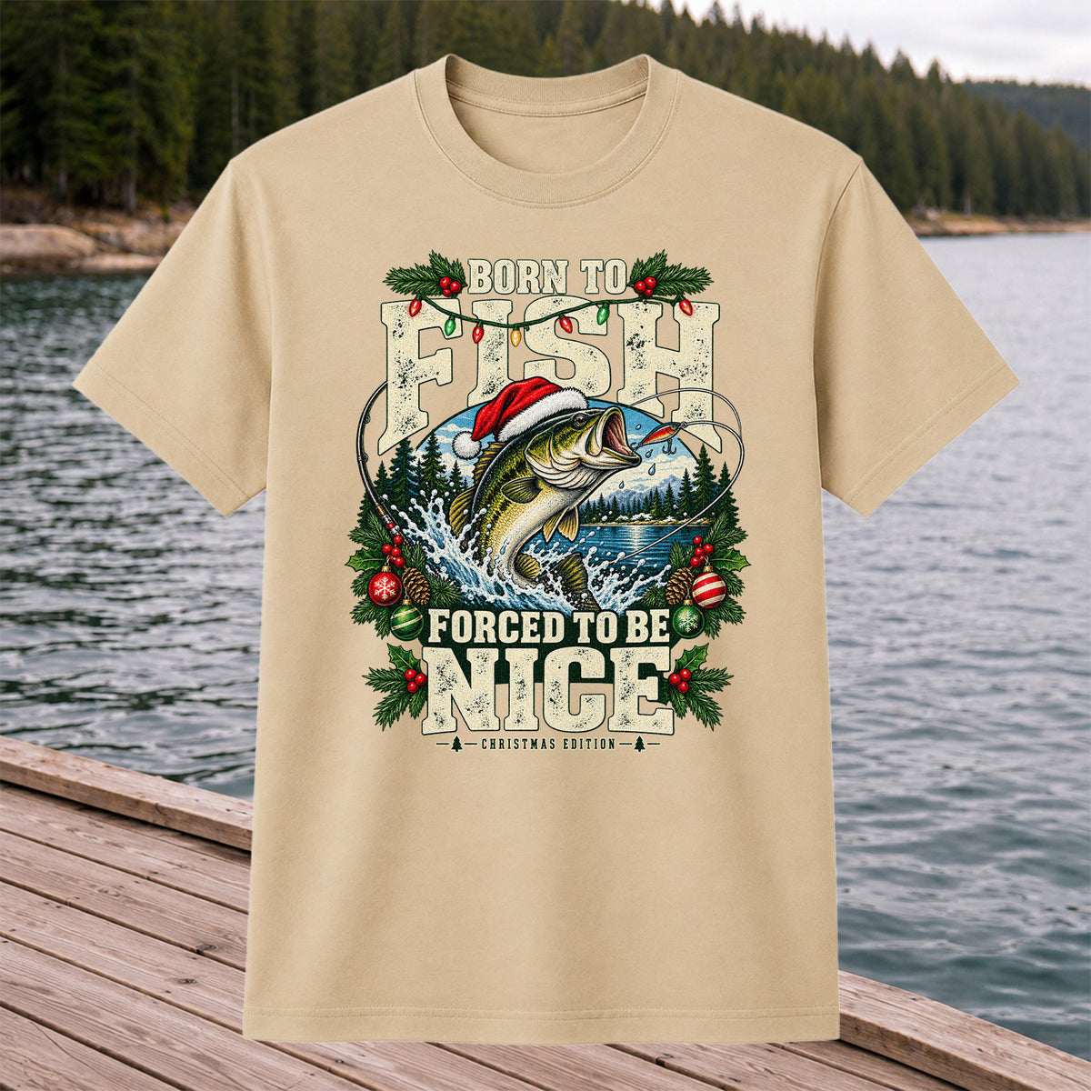 Born to Fish Forced to Be Nice Christmas Bass T-Shirt