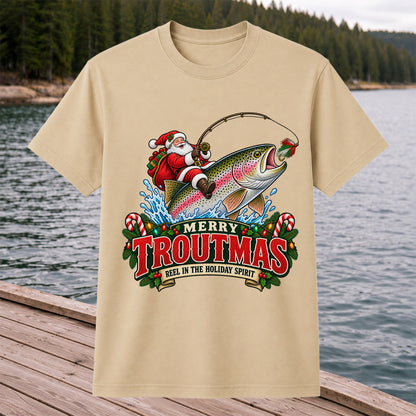 Merry Troutmas Reel in the Holiday Spirit Santa Riding Rainbow Trout Christmas Fishing T-Shirt