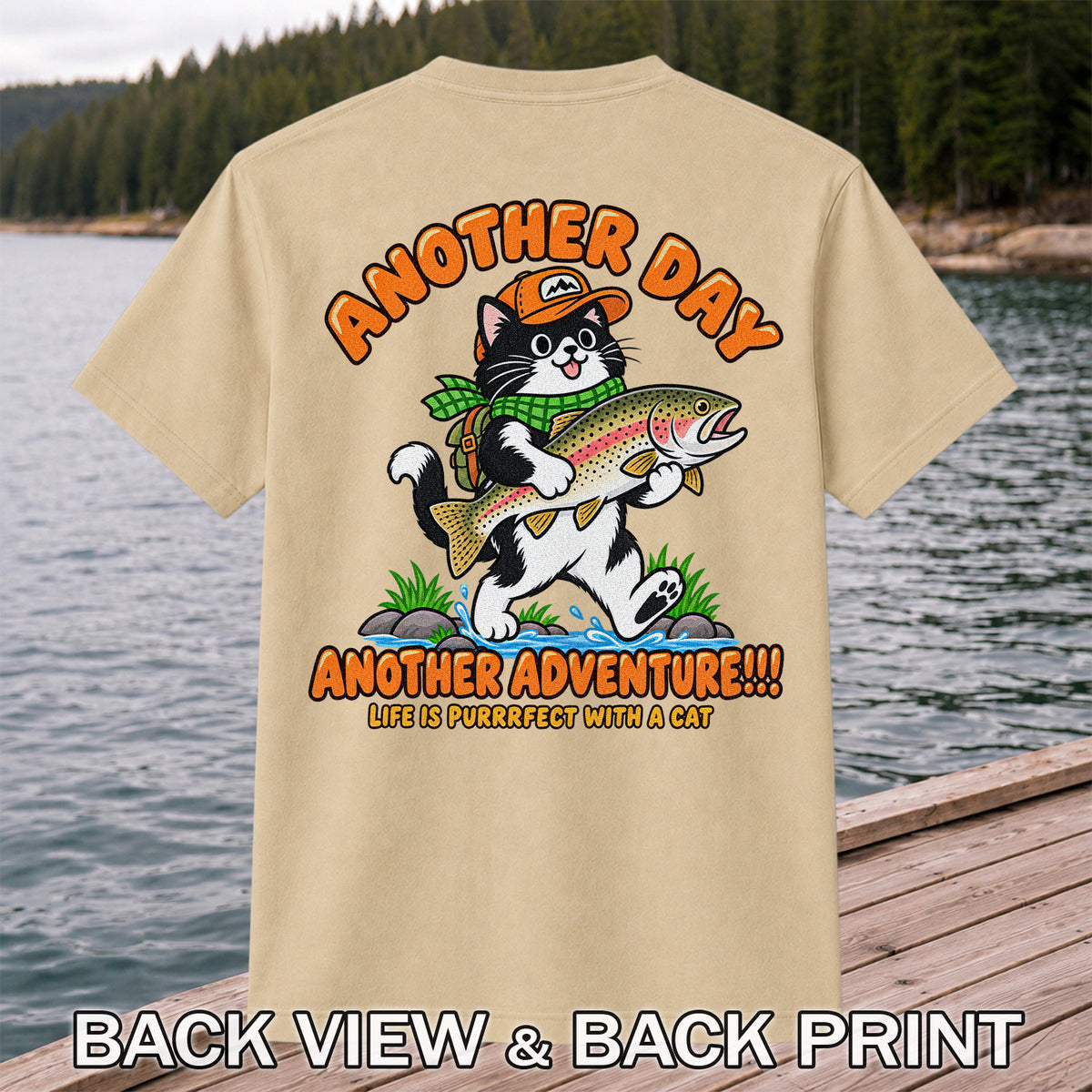 Another Day Another Adventure Cat and Trout Fishing Graphic T-Shirt | Back Print