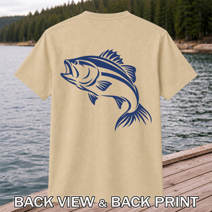 Blue Bass Fishing Line Art Graphic T-Shirt | Back Print