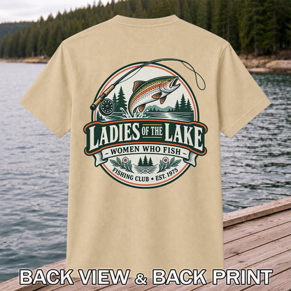 Ladies of the Lake Women Who Fish Rainbow Trout Fishing T-Shirt | Back Print