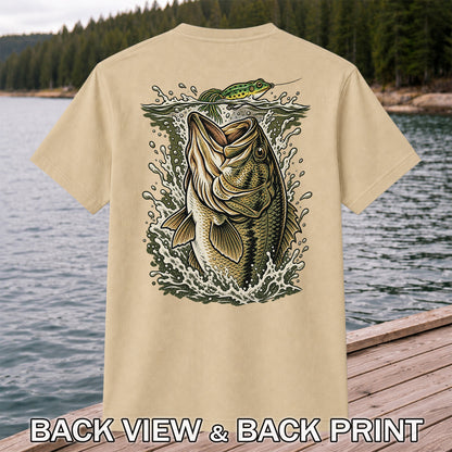 Largemouth Bass Striking a Frog Lure Fishing Graphic T-Shirt | Back Print