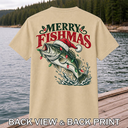 Christmas Bass Fishing Graphic T-Shirt with Santa Hat | Back Print