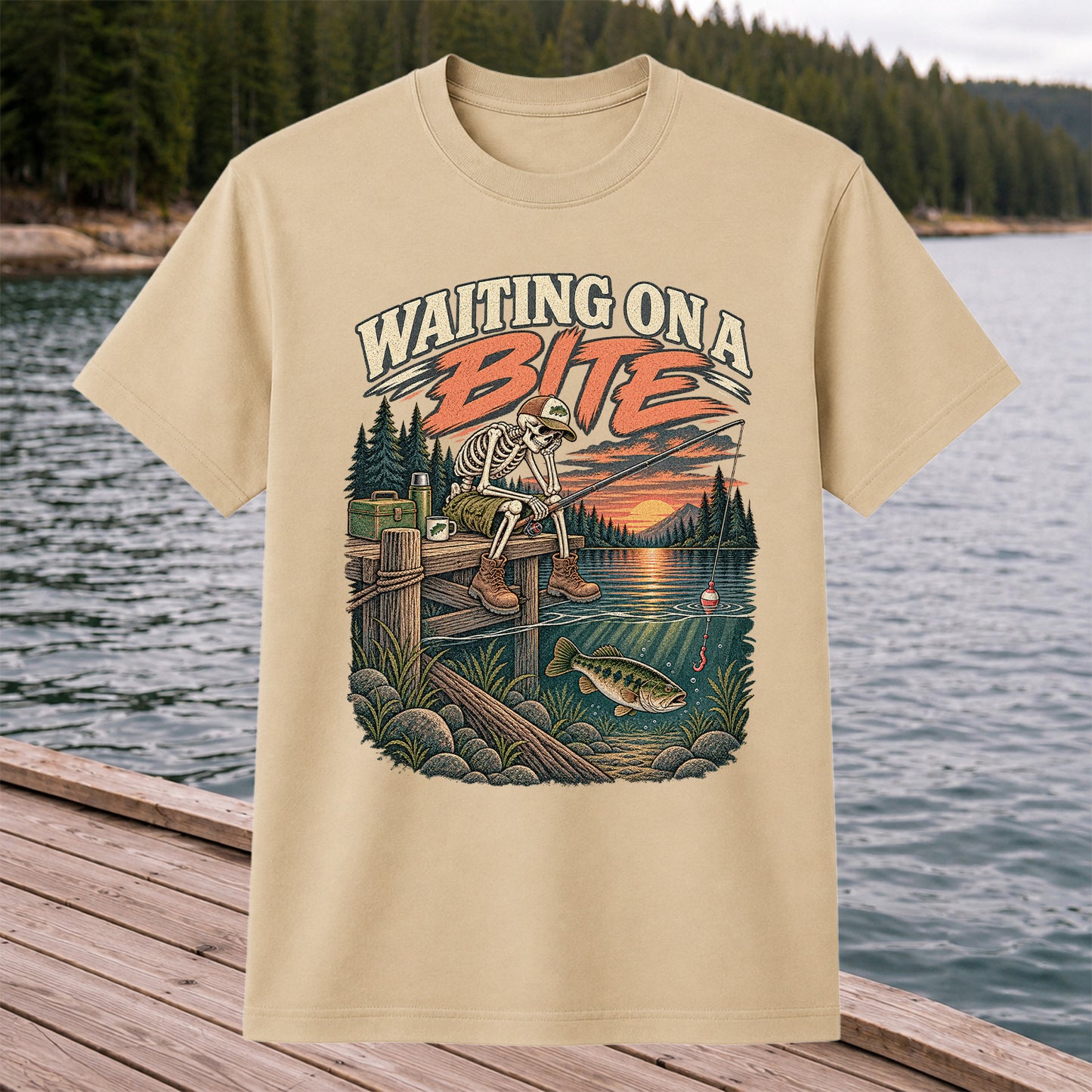 Waiting on a Bite Skeleton Bass Fishing Graphic T-Shirt