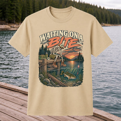 Waiting on a Bite Skeleton Bass Fishing Graphic T-Shirt
