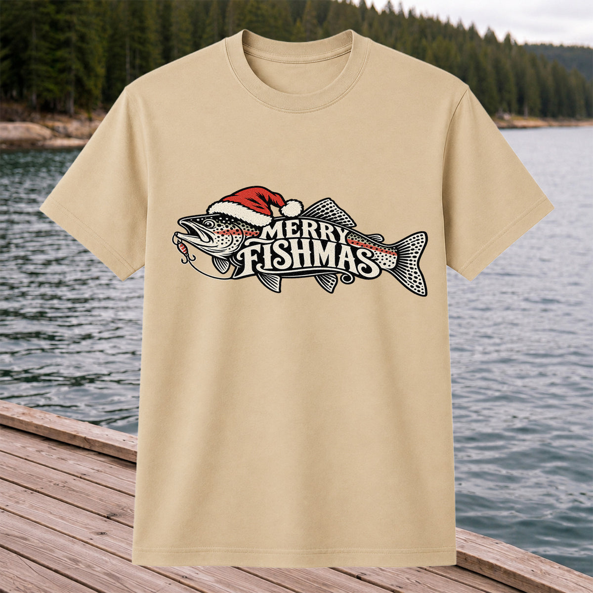 Merry Fishmas Rainbow Trout with Red Santa Hat and Lure Fishing T-Shirt
