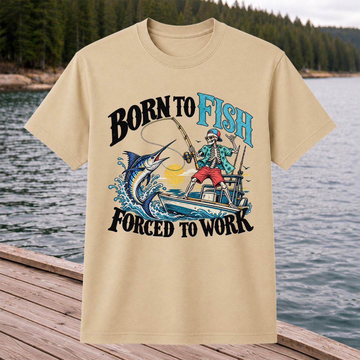 Skeleton Marlin Fishing Boat Graphic T-Shirt
