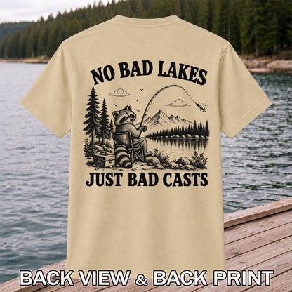 No Bad Lakes Just Bad Casts Raccoon Fishing T-Shirt | Back Print