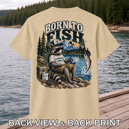 Born to Fish Raccoon in Sunglasses Lake Fishing T-Shirt | Back Print