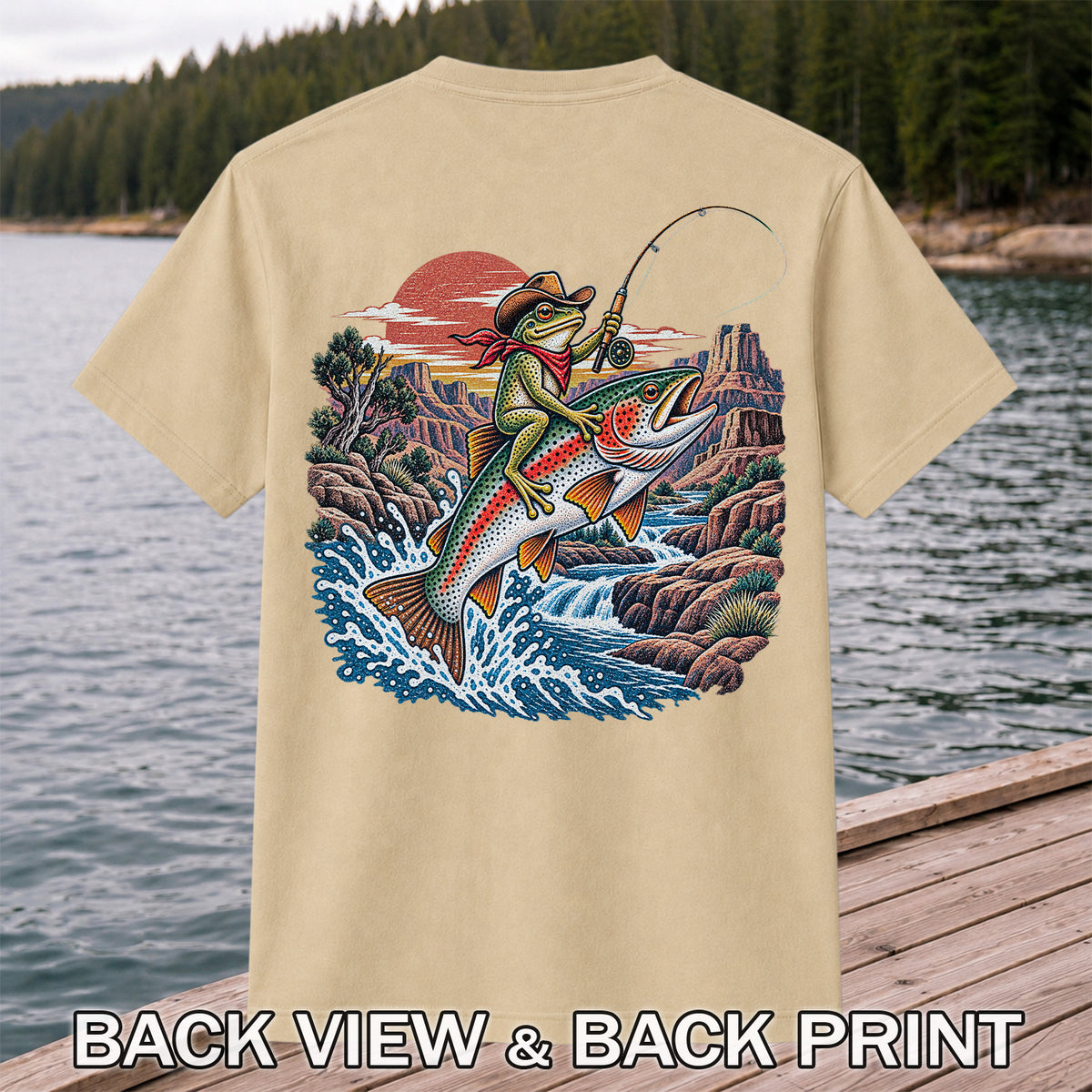 Cowboy Frog Riding a Rainbow Trout Canyon Fishing Graphic T-Shirt | Back Print