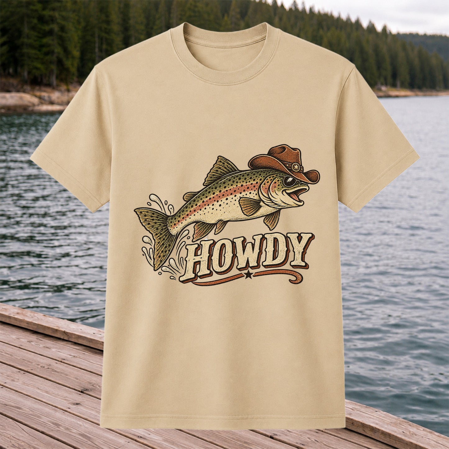 Howdy Cowboy Trout Vintage Fishing Graphic T-Shirt