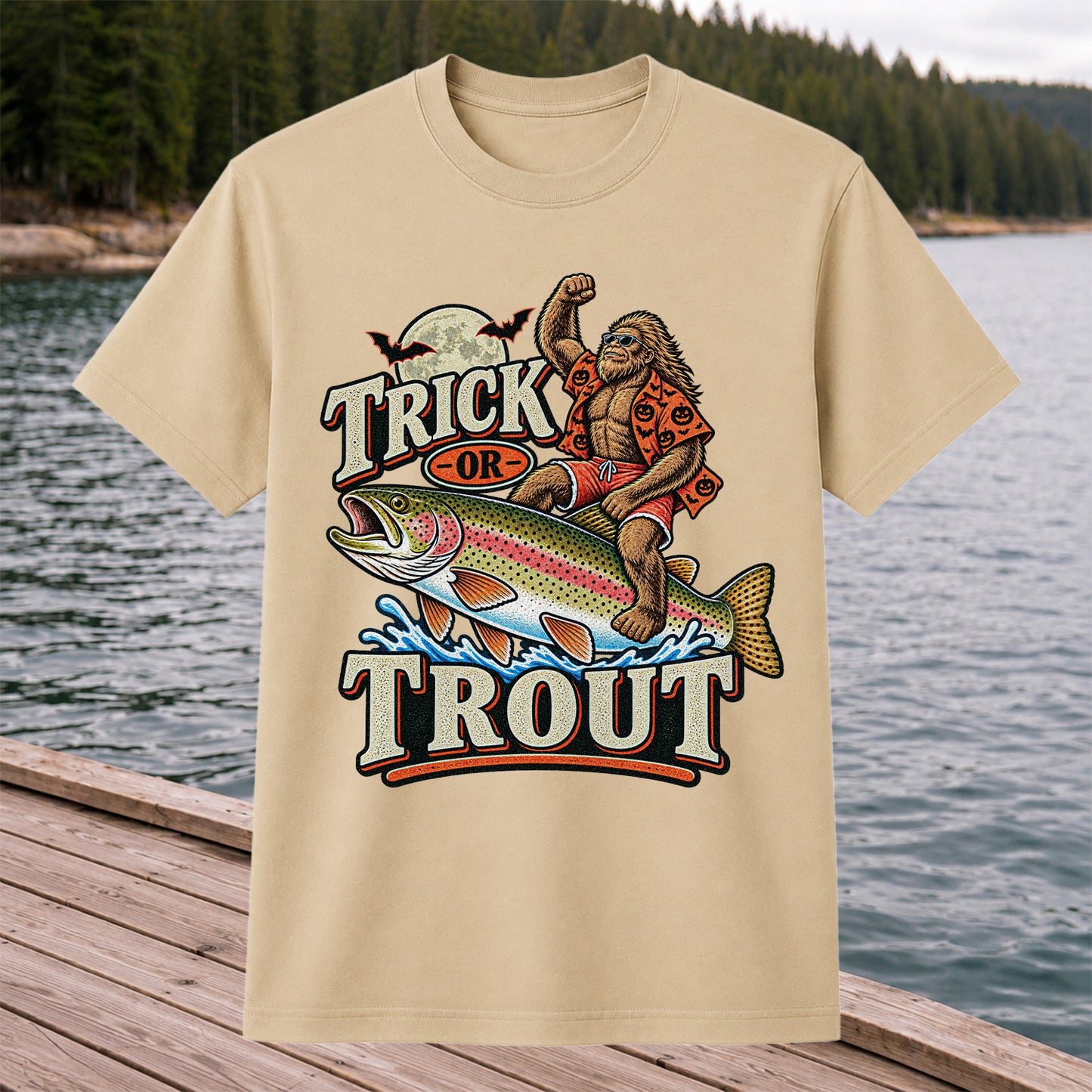 Trick or Trout Bigfoot Riding a Rainbow Trout Halloween Fishing T-Shirt