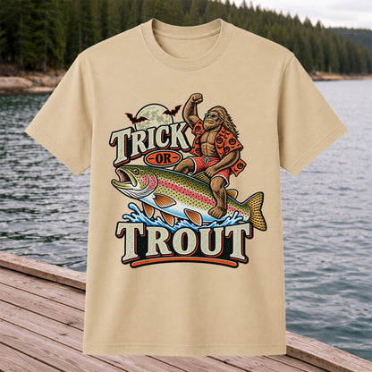Trick or Trout Bigfoot Riding a Rainbow Trout Halloween Fishing T-Shirt