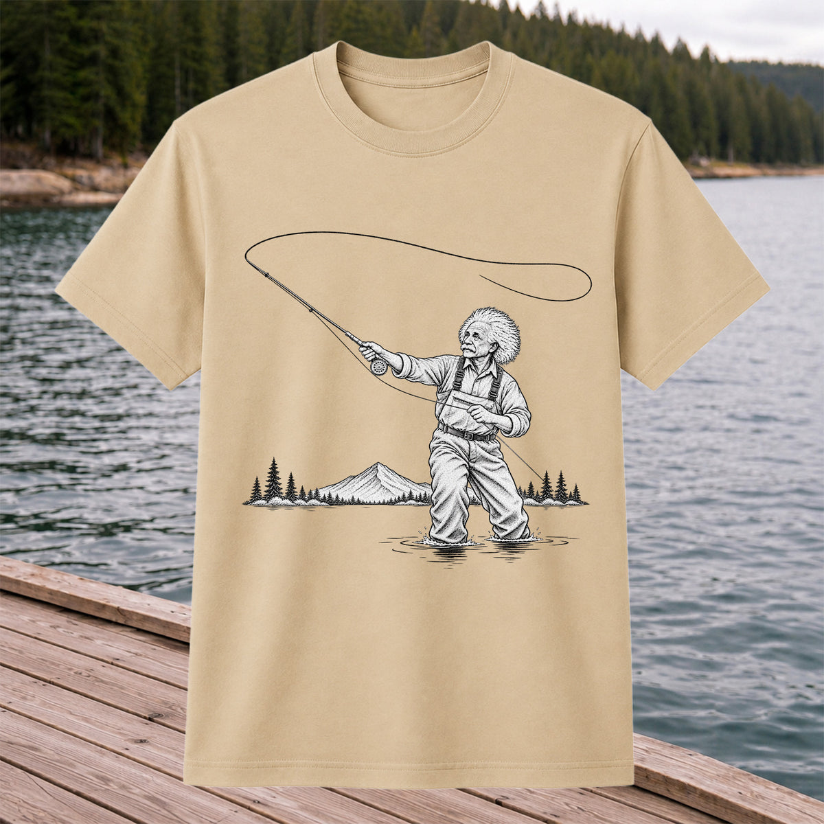 Vintage Fly Fisherman Mountain Lake Fishing Graphic T-Shirt