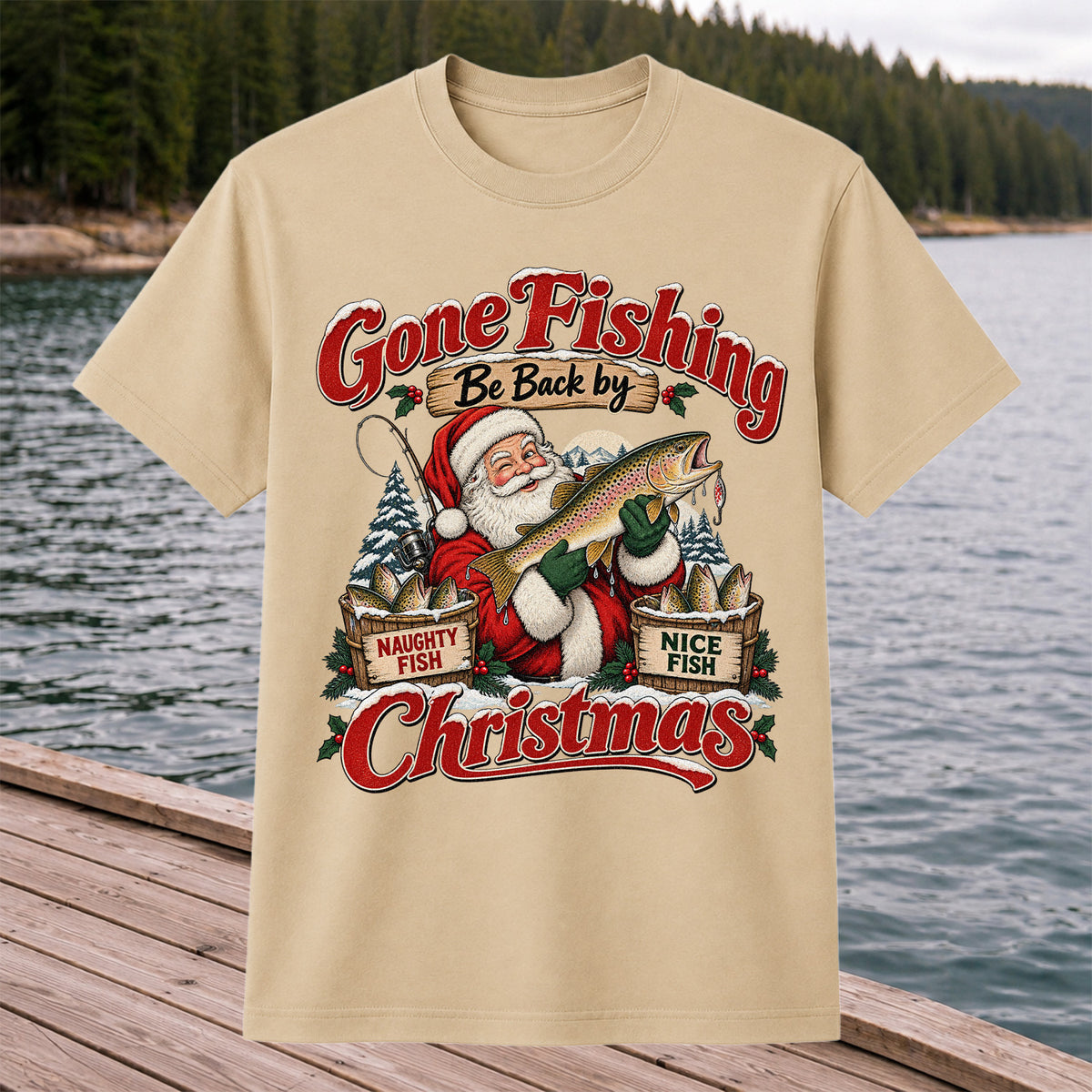 Gone Fishing Be Back by Christmas Santa Trout T-Shirt