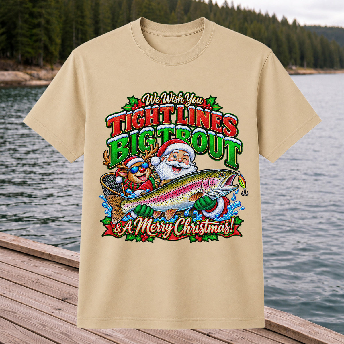 We Wish You Tight Lines Big Trout & a Merry Christmas Santa and Reindeer Fishing T-Shirt