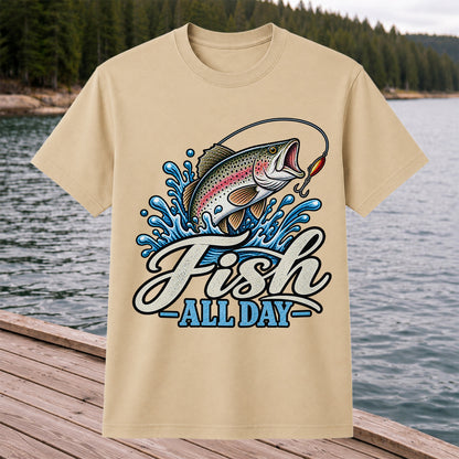 Fish All Day Jumping Rainbow Trout Fishing Graphic T-Shirt