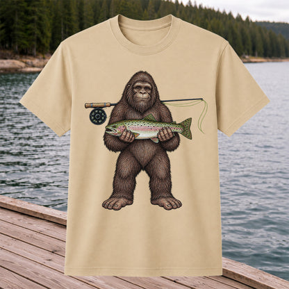 Bigfoot Holding Rainbow Trout Fly Fishing Graphic T-Shirt