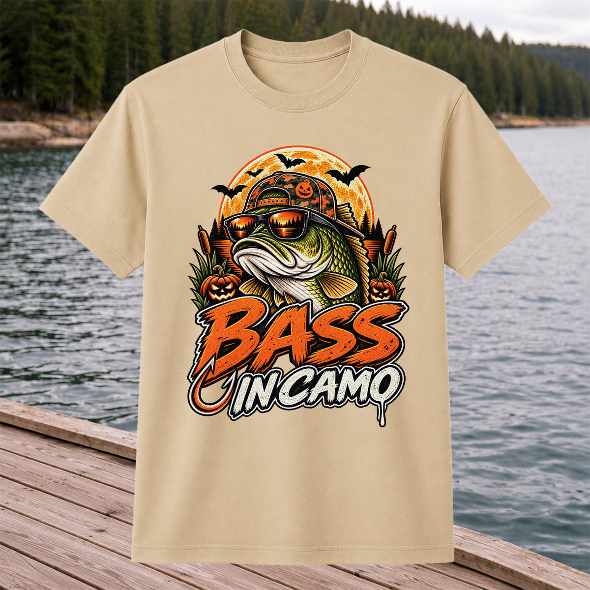 Bass in Camo Halloween Bass Fishing Graphic T-Shirt