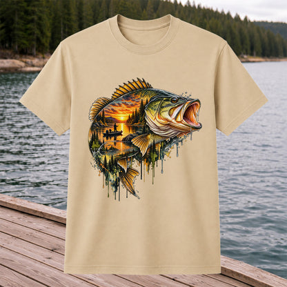 Largemouth Bass Sunset Lake Landscape Fishing Graphic T-Shirt