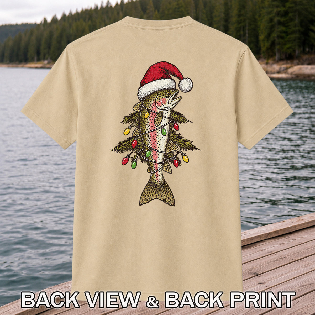 Christmas Trout Tree Fishing Graphic T-Shirt | Back Print