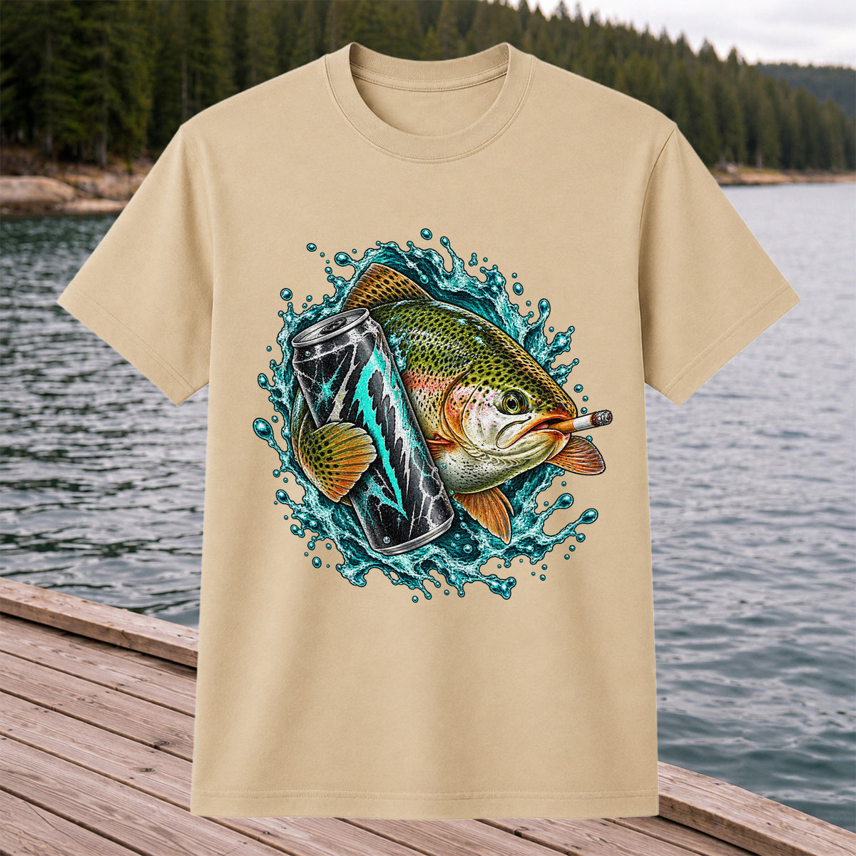 Rainbow Trout with Cigarette and Energy Drink Fishing T-Shirt