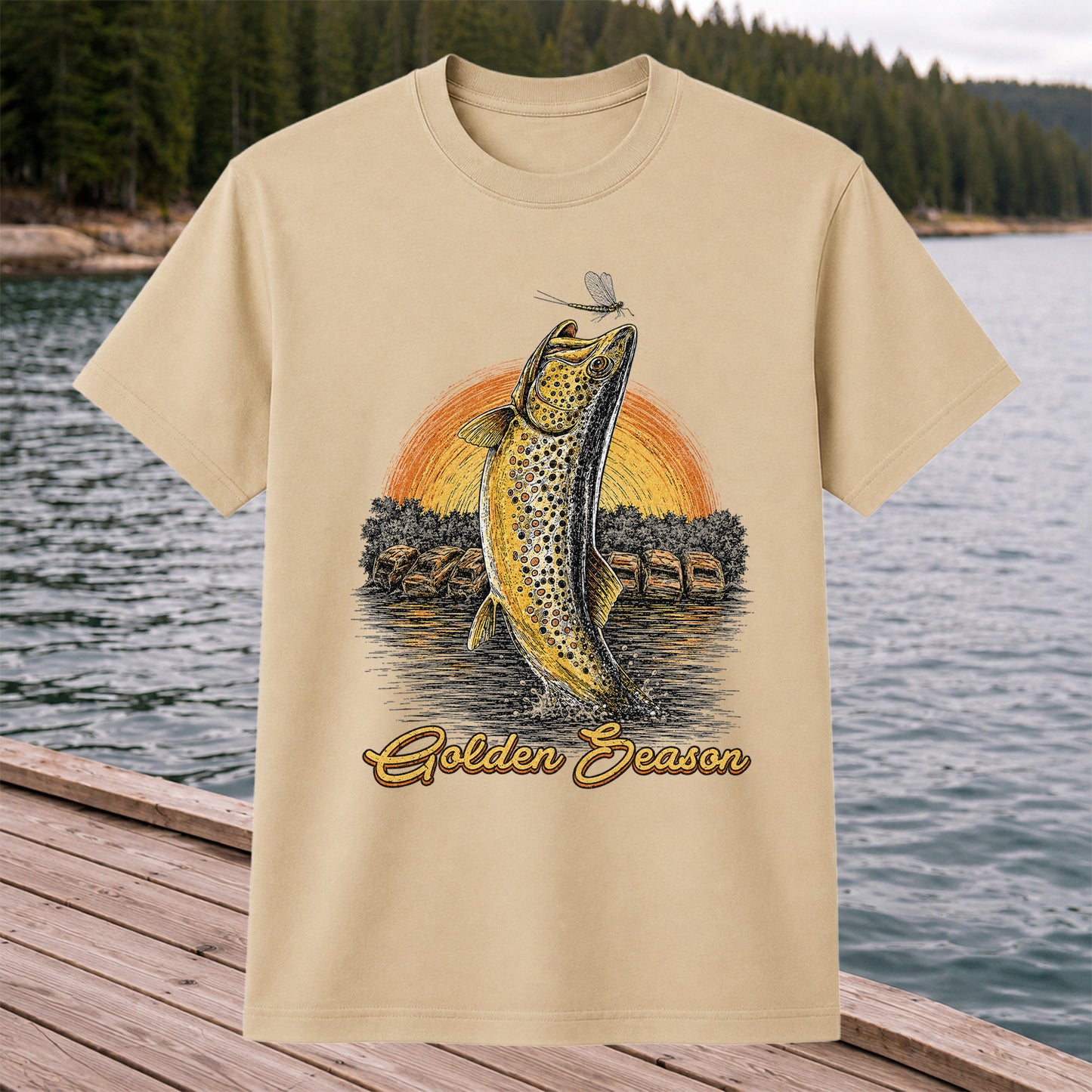 Golden Season Jumping Trout Sunset Fishing Graphic T-Shirt