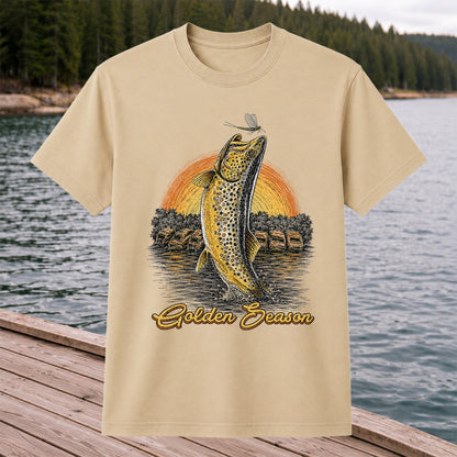 Golden Season Jumping Trout Sunset Fishing Graphic T-Shirt