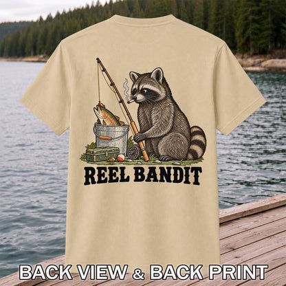Reel Bandit Smoking Raccoon with Fishing Rod Funny T-Shirt | Back Print