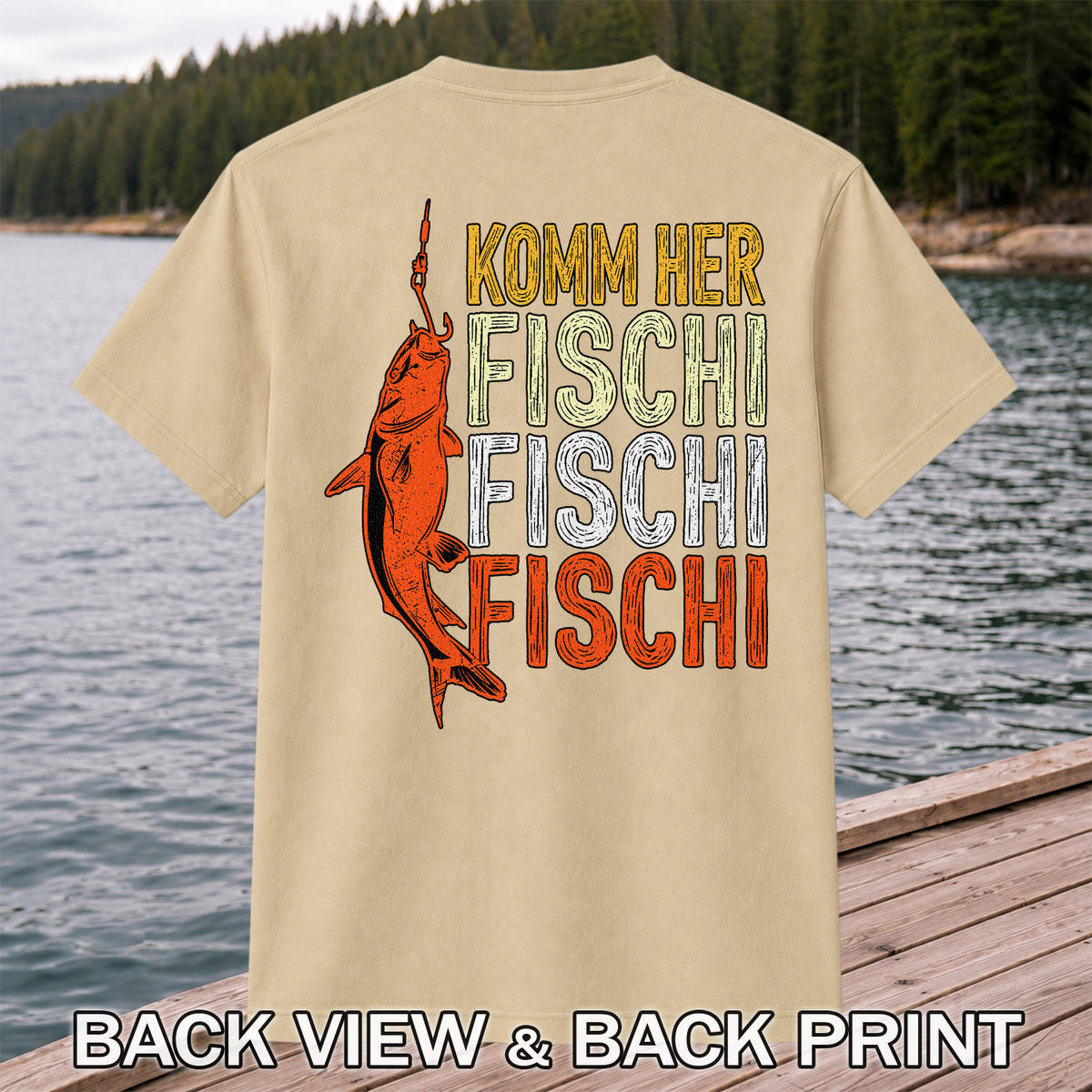 Komm Her Fischi Fischi Funny Catfish Fishing Graphic T-Shirt | Back Print