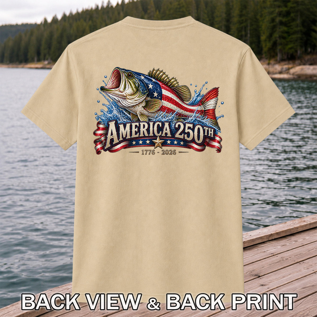 America 250th 1776–2026 American Flag Bass Fishing T-Shirt | Back Print