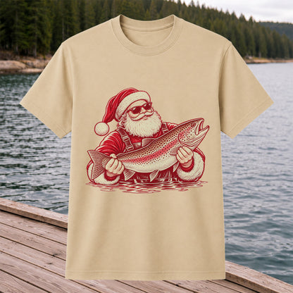 Santa Holding Trout Christmas Fishing Graphic T-Shirt