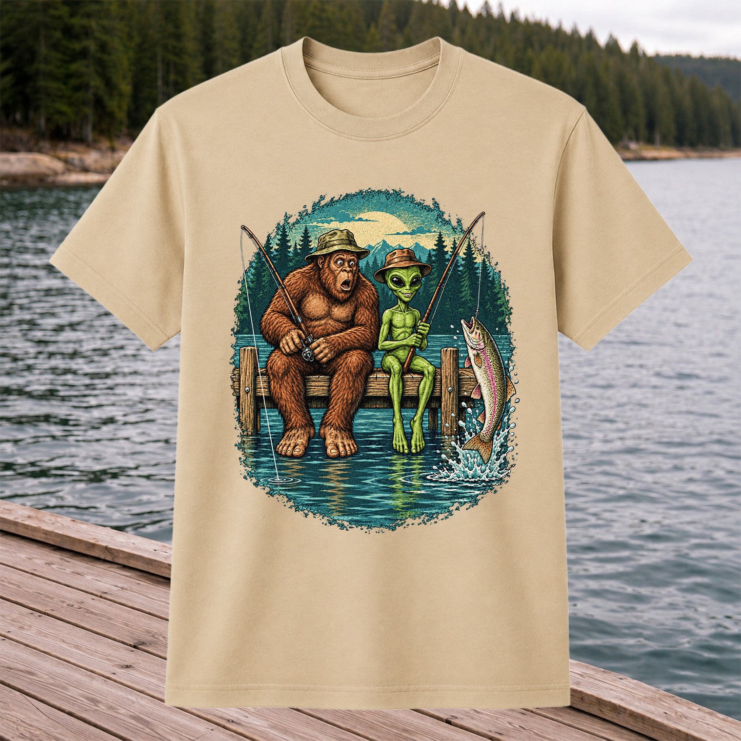 Bigfoot and Alien Fishing on a Dock with Rainbow Trout Graphic T-Shirt