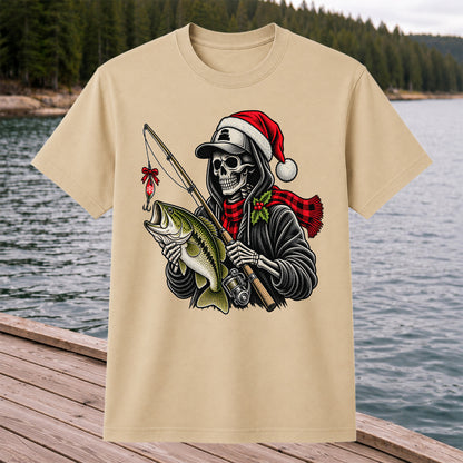 Christmas Skeleton Angler with Santa Hat and Bass Fishing T-Shirt