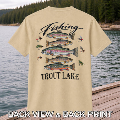 Fishing Trout Lake Vintage Trout and Flies Graphic T-Shirt | Back Print