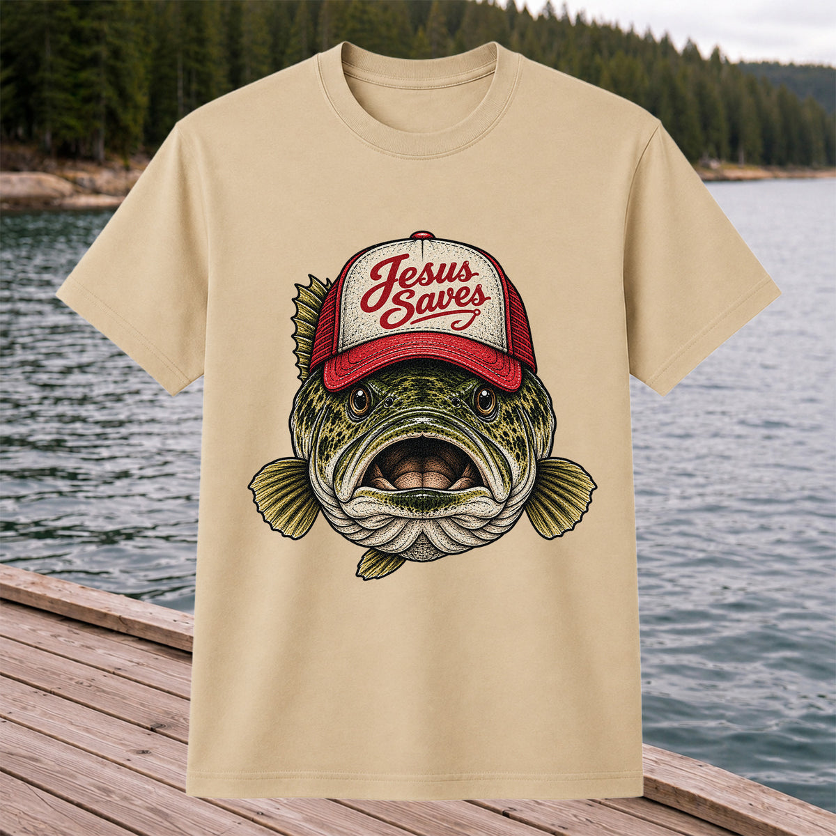 Jesus Saves Largemouth Bass in a Trucker Hat Fishing T-Shirt