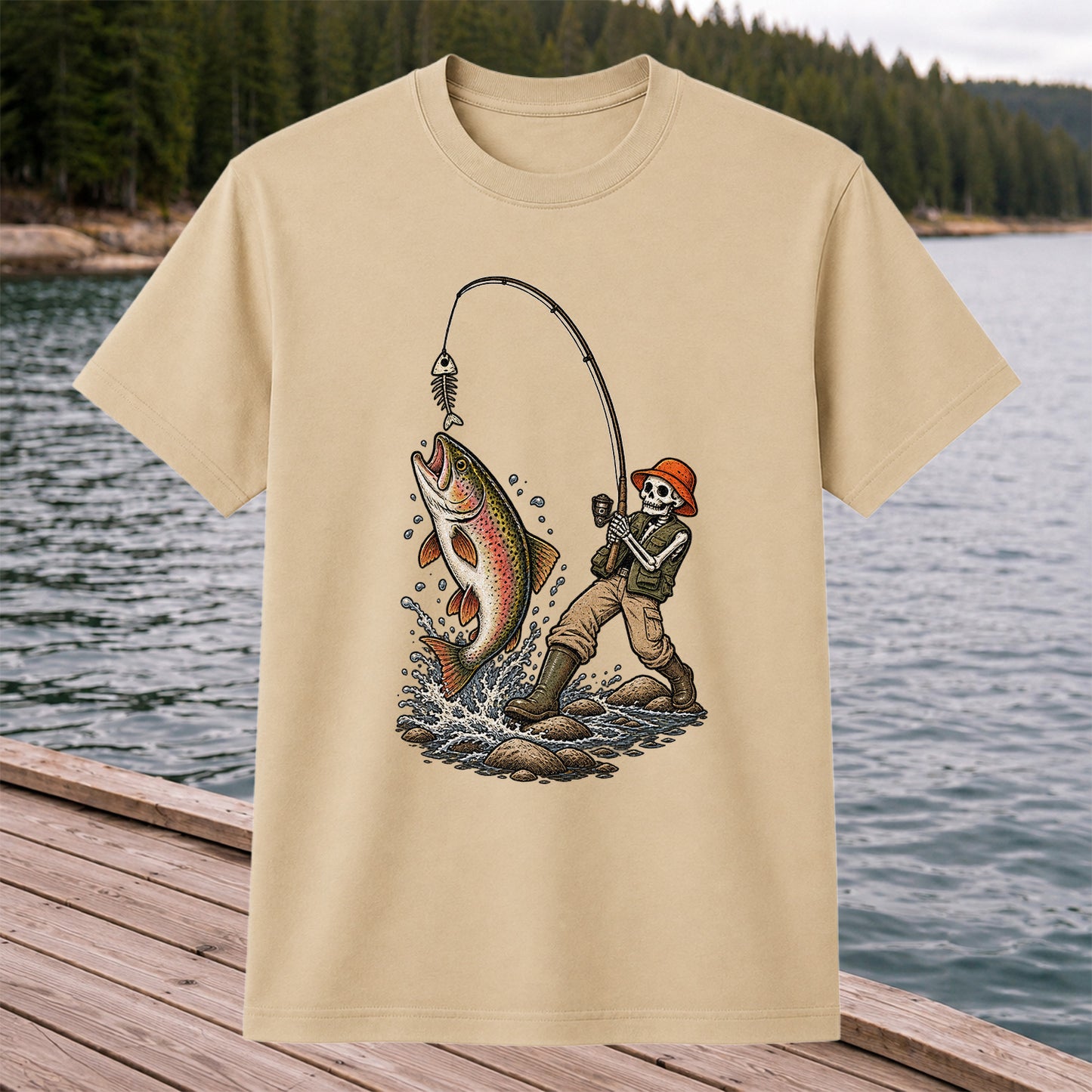 Skeleton Angler Catching Trout Dark Humor Fishing T-Shirt