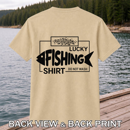 Lucky Fishing Shirt Do Not Wash Fish Silhouette Funny T-Shirt | Back Print