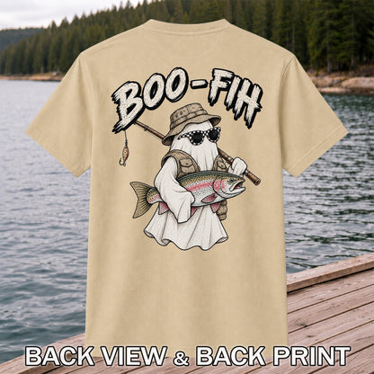 Boo-Fih Ghost Holding Rainbow Trout Halloween Fishing T-Shirt | Back Print