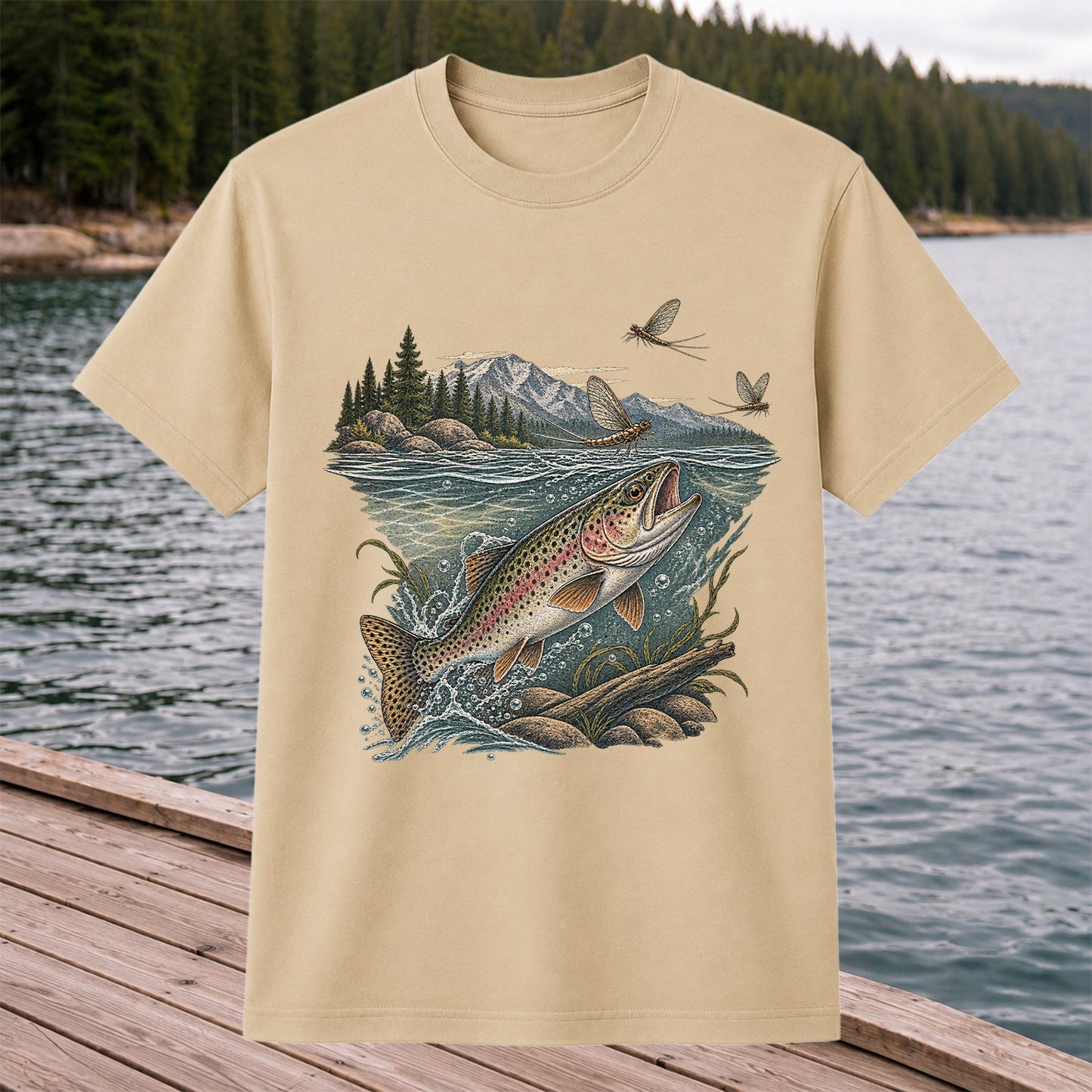 Mountain River Rainbow Trout Fly Fishing Graphic T-Shirt