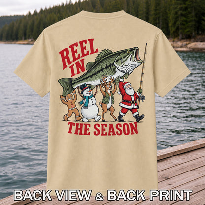 Reel in the Season Bass Christmas Fishing Graphic T-Shirt | Back Print
