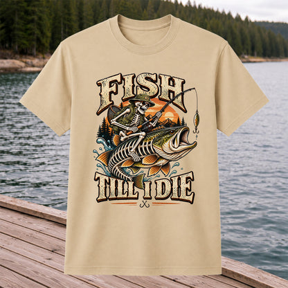 Fish Till I Die Skeleton Riding a Largemouth Bass Fishing T-Shirt
