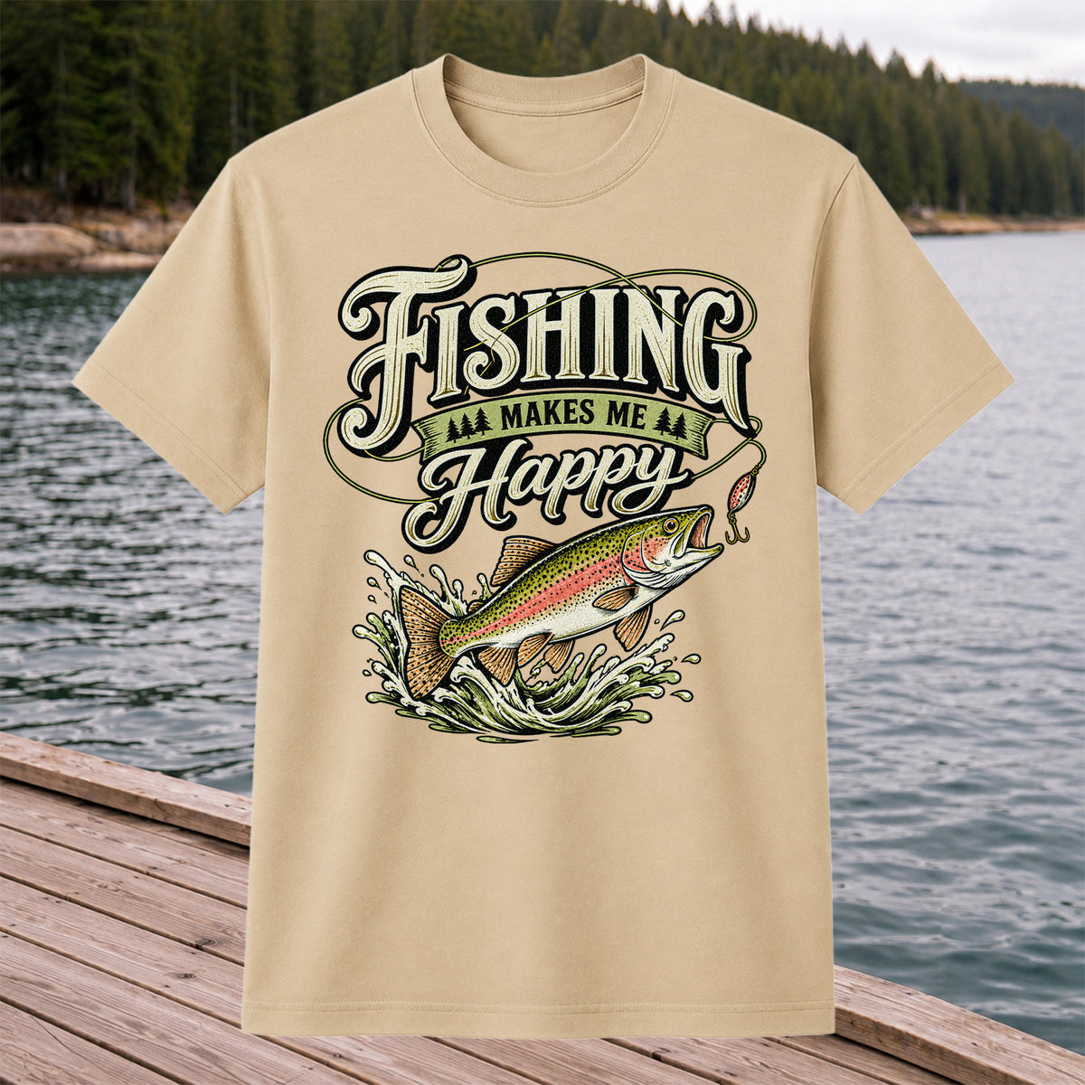 Fishing Makes Me Happy Rainbow Trout Vintage Graphic T-Shirt