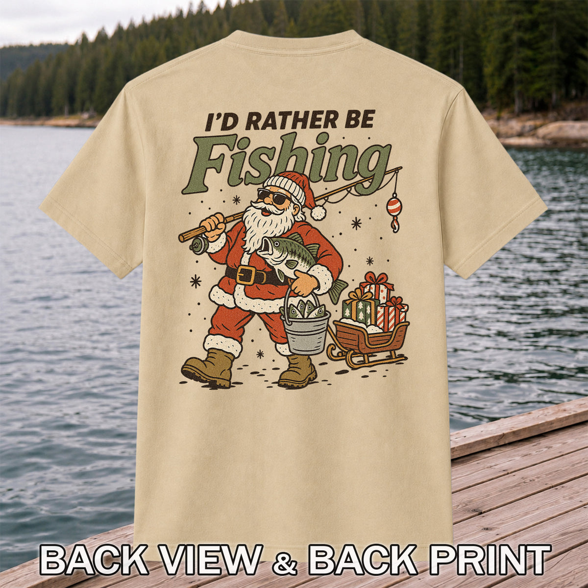 Santa Claus Fishing with Bass Christmas T-Shirt | Back Print