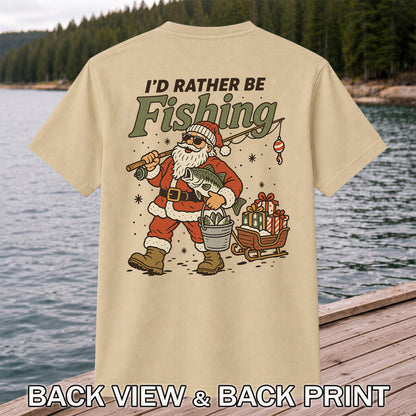 Santa Claus Fishing with Bass Christmas T-Shirt | Back Print