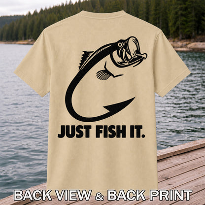 Just Fish It Bass and Fishing Hook Graphic T-Shirt | Back Print